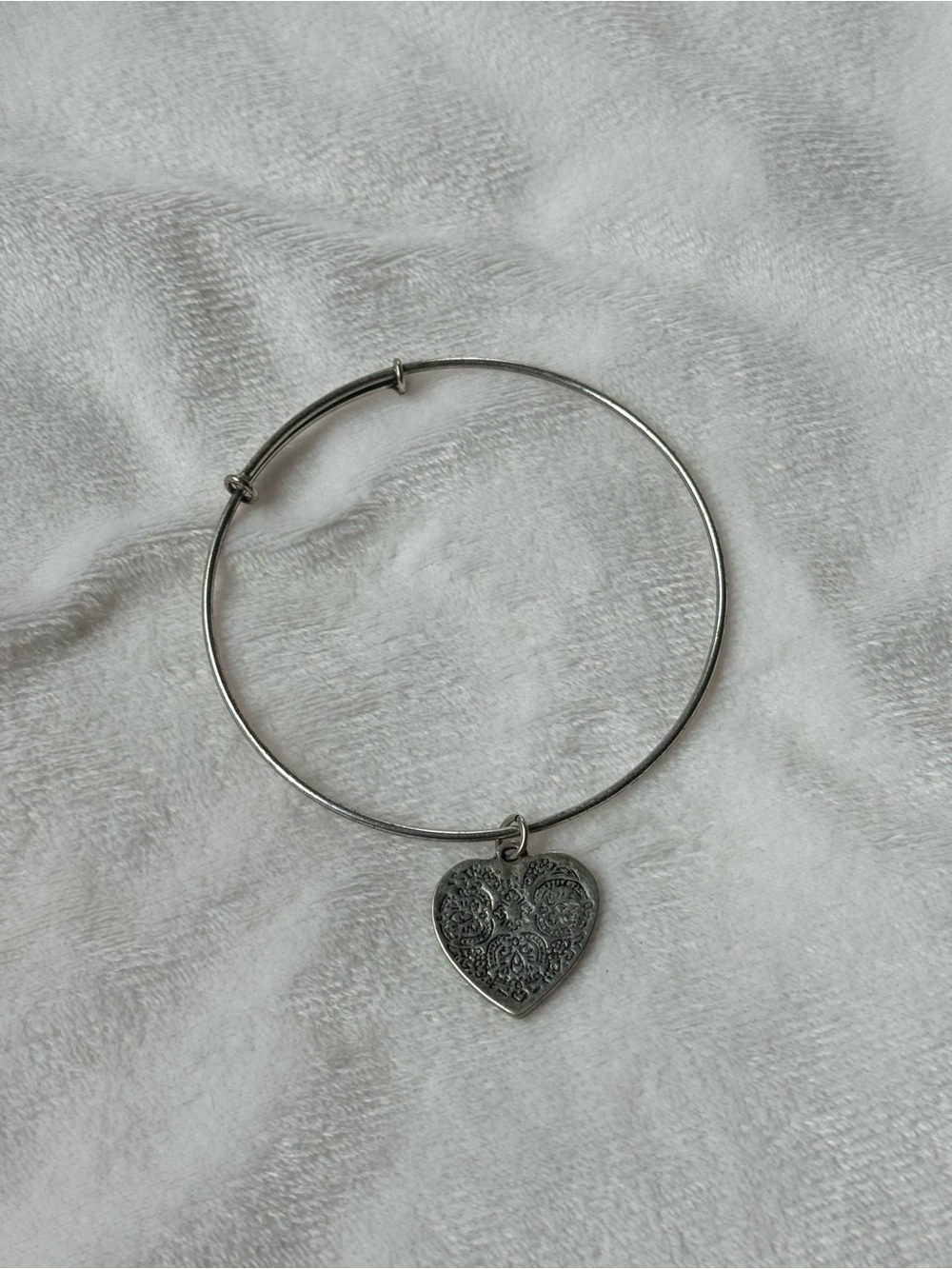 Silver Heart Charm Bangle Bracelet - Pressed Detailing